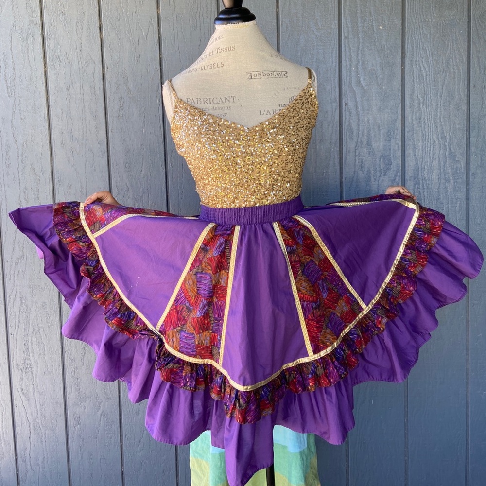 Malco Modes circle skirt with ruffles and gold Lamé details. Square dancing
